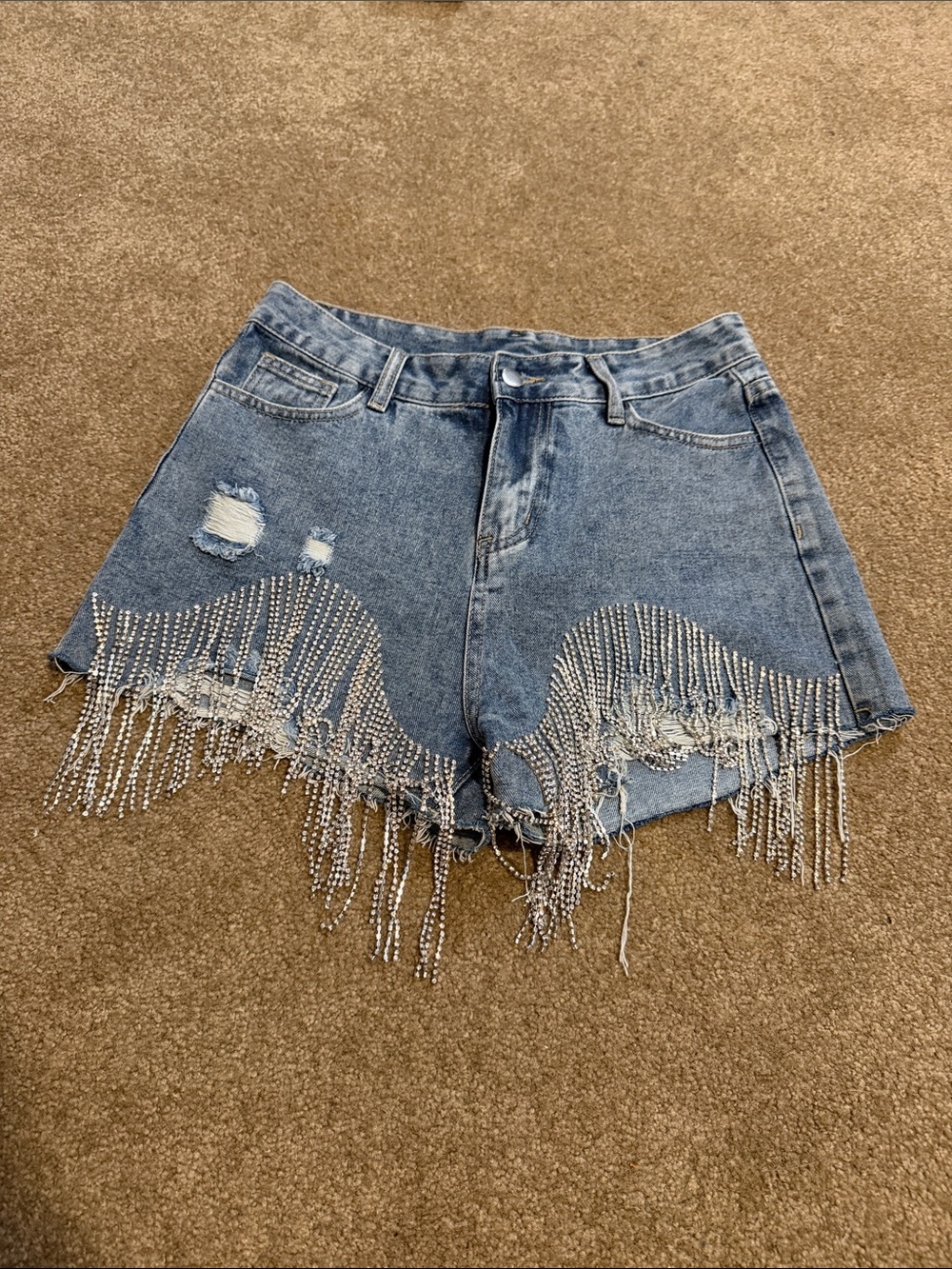 Rhinestone Fringe Distressed Denim Shorts -